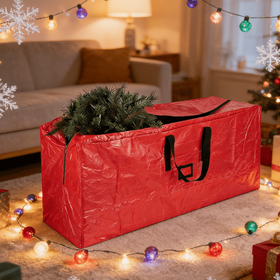 Christmas Tree Storage Bag with Zipper & Handles - Heavy-Duty Red & Green Holiday Design for Artificial Tree Storage (48.0 x 13.4 x 20.0 Inch)