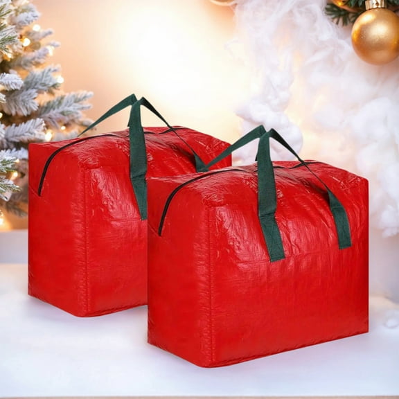 Christmas Tree Storage Bag2PCS,Holiday Decor Organizer16.54x14.96x10.63in,Plastic Moving Box with Handles for Light Strings & Ornaments(Red)