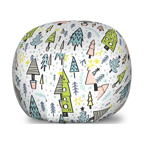 Christmas Tree Storage Toy Bag Chair, Doodle Illustrations of Trees Branches Snowflakes Hand Drawn Pattern, Stuffed Animal Organizer Washable Bag, Large Size, Multicolor, by Ambesonne