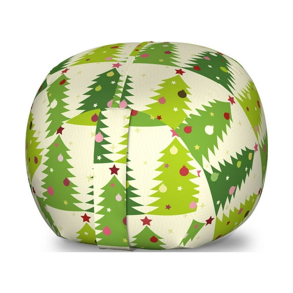 Christmas Tree Storage Toy Bag Chair, Christmas Pine Trees with Ornaments and a Star on Top Wavy Stripes, Stuffed Animal Organizer Washable Bag, Small Size, Multicolor, by Ambesonne