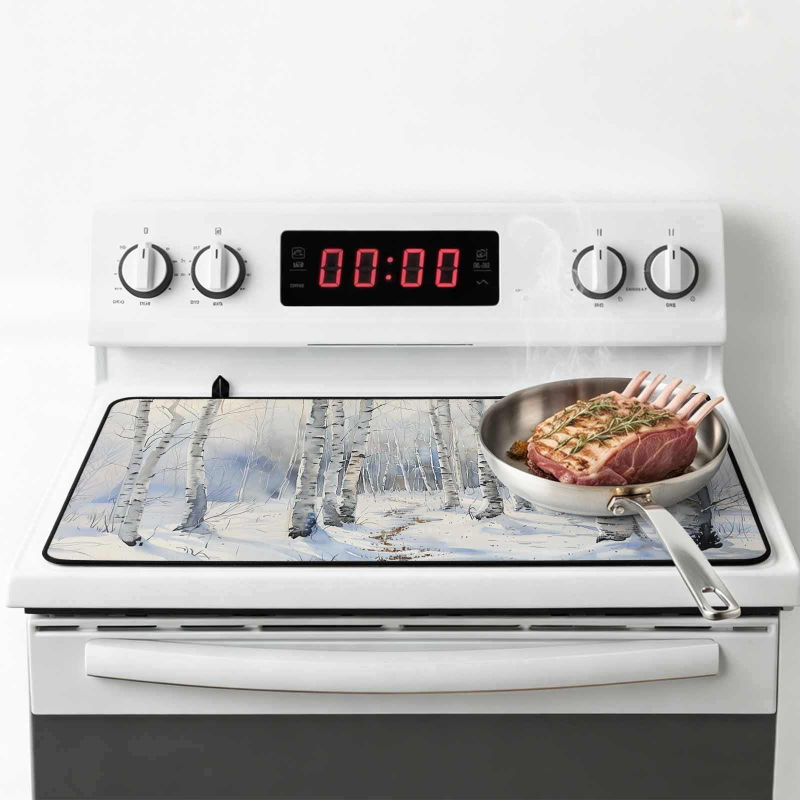 Christmas Tree Stove Top Cover for Electric Stove, Heat-proof & Non Slip Glass Top Stove Cover Protector, White Winter Xmas Snowflake Kitchen Flat Cooktop Rubber Mat 24x21 Inches