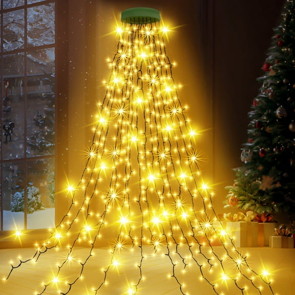 Christmas Tree String Lights Decorations with Ring, 400 LED 6.5ft 16 Line Waterfall Lights IP65 Waterproof, 8 Modes Party Decoration Lights for Wedding Yard Party Home Holiday (Warm White)