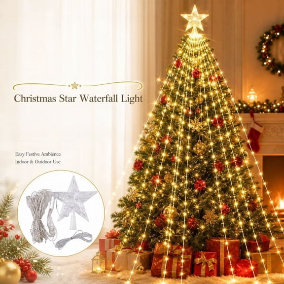 Christmas Tree String Lights With Star Topper, 8 Lighting Modes, Timer, IP44 Waterproof for Outdoor Yard and Garden