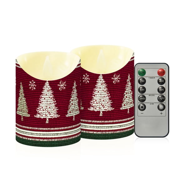 Christmas Tree Stripes Fabric Texture Flickering Flameless Candles with Remote Timer Battery Operated LED Tealight Set of 2 S
