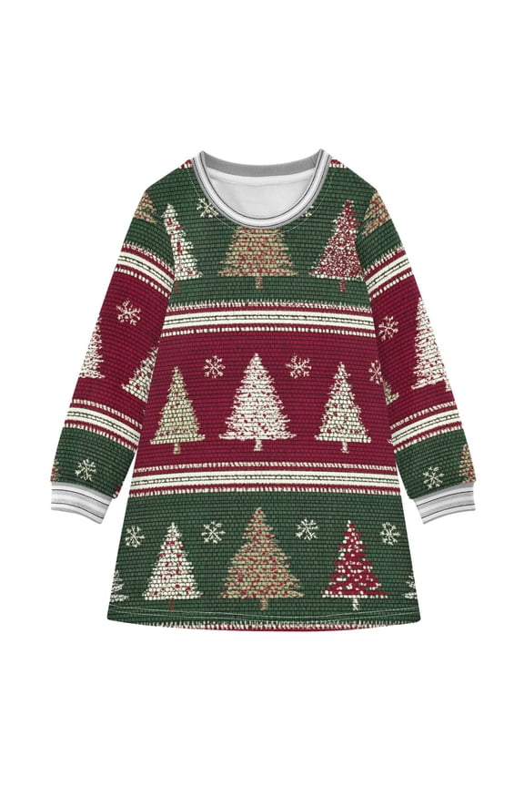 Christmas Tree Stripes Fabric Texture Long-sleeved Dress A-line One-Piece Dress for 2-8 Years Casual Party 3T