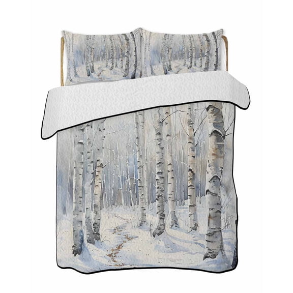 Christmas Tree Summer Quilt Set King Size, Soft Microfiber Quilted Bedding Set with 2 Pillow Shams, White Winter Xmas Snowflake Lightweight All Season Bedspread Coverlet for Bedroom 96"x106"