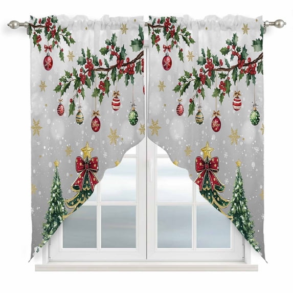 Christmas Tree Swag Curtains for Kitchen/Bedroom/Living Room, Grey Retro Winter Ball Berry Snowflakes Scalloped Curtains 63 Inch Long, Window Swag Topper Curtains Valances 2 Panels Set 36"x63"