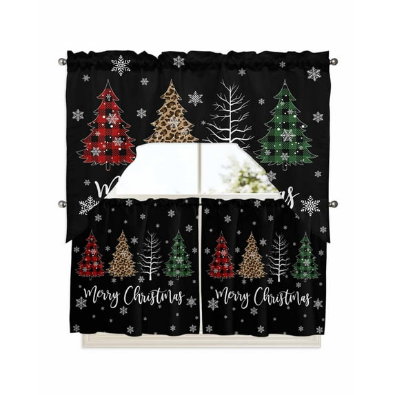 Christmas Tree, Swag Valance and Tier Curtains 24'' Length Set, Rustic Buffalo Snowflake Red Green Black Light Filtering Kitchen Curtains, Tier Curtain Valances for Bathroom/Living Room/Bedroom/Café