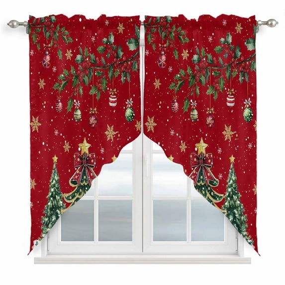 Christmas Tree Swag Valances for Windows 2 Pack, Kitchen Window Curtains 36 Inch Length, Red Winter Xmas Ball Berry Snowflakes Privacy Swag Curtains for Living Room/Bathroom with Rod Pocket 36"x36"
