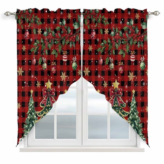 Christmas Tree Swag Valances for Windows, Kitchen Curtains 36 Inch Length 2 Panels Set, Winter Xmas Ball Snowy Red Black Plaid Short Curtains for Small Windows Rod Pocket Cafe Curtains Drapes 28"x36"