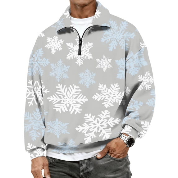 Christmas Tree Sweater Mens Quarter Zip Pullover Mock Neck Cute Print Casual Sweater Fleece Thermal Midweight Relaxed Fit Sweatshirt Long Sleeve Shirts