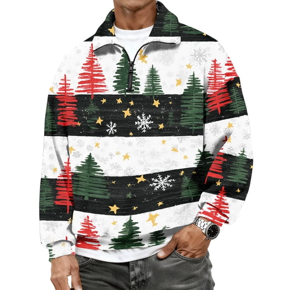 Christmas Tree Sweater Quarter Zip Pullover Men Mock Neck Casual Funny Print Sweater Fleece Thermal Midweight Relaxed Fit Sweatshirt Long Sleeve Shirts