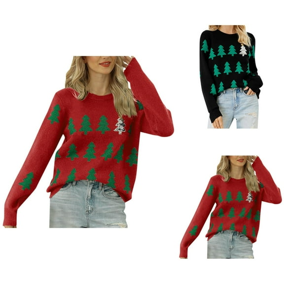 Christmas Tree Sweaters for Women 2025 Long Sleeve Crewneck Jacquard Knitted Pullover Sweater Jumper Tops