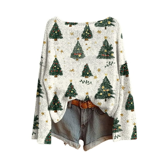 Christmas Tree Sweatshirt Women Long Sleeve Casual Pullover Holiday Tops Crewneck Tree Print Holiday Cute Clothing