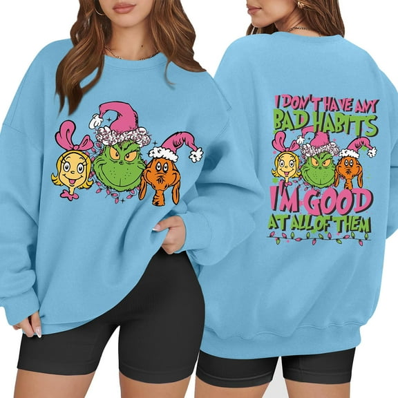 Christmas Tree Sweatshirt Xmas Long Sleeve Crewneck Pullover Sky Blue Large