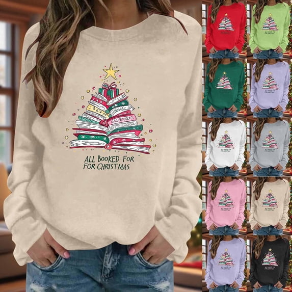 Christmas Tree Sweatshirt for Women All Booked For Christmas Long Sleeve Shirt Librarian Christmas Holiday Tops