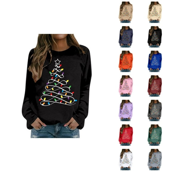 Christmas Tree Sweatshirts for Women 2025 Long Sleeve Crewneck Casual Holiday Graphic Sweatshirt Pullover Tops