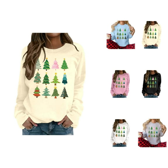 Christmas Tree Sweatshirts for Women 2025 Long Sleeve Crewneck Holiday Xmas Graphic Sweatshirt Pullover Tops