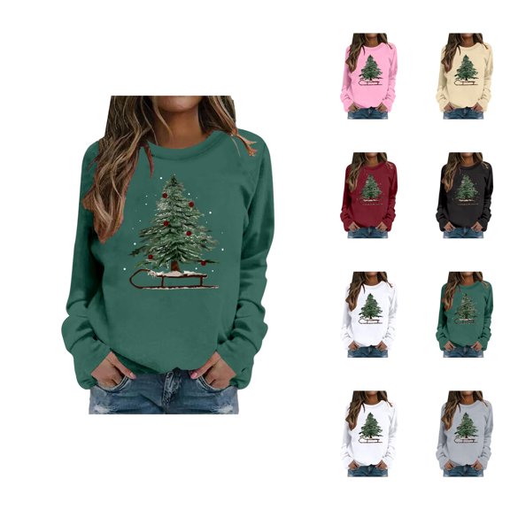 Christmas Tree Sweatshirts for Women 2025 Long Sleeve Crewneck Xmas Holiday Graphic Sweatshirt Pullover Tops