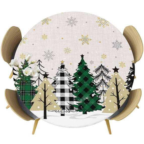 Christmas Tree Table Cloth, Round Fitted Tablecloths with Elastic Edge, Green Beige Black Xmas Tree Winter Snowflake Wipeable Waterproof Table Cover for Kitchen Wedding 55-60 Inches