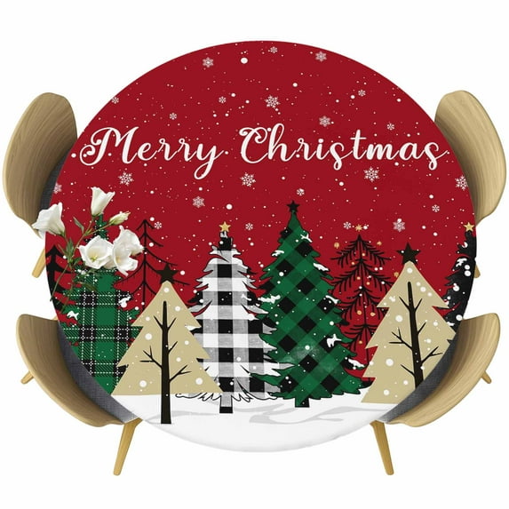 Christmas Tree Table Cloth, Round Fitted Tablecloths with Elastic Edge, Merry Christmas Red Xmas Tree Winter Snowflake Wipeable Waterproof Table Cover for Kitchen Wedding 36-44 Inches