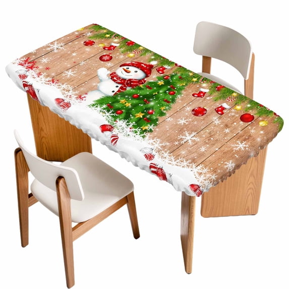 Christmas Tree Table Cloths for 3 Foot Rectangle Tables, Cute Snowman Red Xmas Balls Country Brown Wood Patio Waterproof Elastic Fitted Tablecloths, Washable Rectangular Table Cover for Camping
