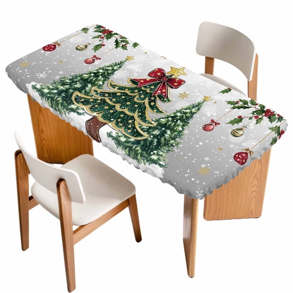 Christmas Tree Table Cloths for 3 Foot Rectangle Tables, Grey Retro Winter Ball Berry Snowflakes Patio Waterproof Elastic Fitted Tablecloths, Washable Rectangular Table Cover for Camping