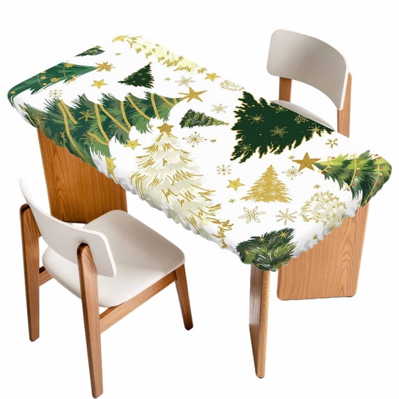 Christmas Tree Table Cloths for 3 Foot Rectangle Tables, White Green Xmas Tree Winter Patio Waterproof Elastic Fitted Tablecloths, Washable Rectangular Table Cover for Camping