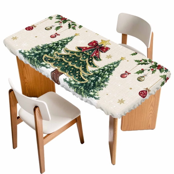 Christmas Tree Table Cloths for 4 Foot Rectangle Tables, Country Winter Ball Berry Gold Snowflakes Patio Waterproof Elastic Fitted Tablecloths, Washable Rectangular Table Cover for Camping