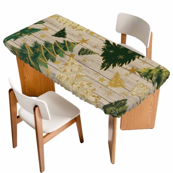 Christmas Tree Table Cloths for 5 Foot Rectangle Tables, Green Xmas Tree Winter Wooden Patio Waterproof Elastic Fitted Tablecloths, Washable Rectangular Table Cover for Camping