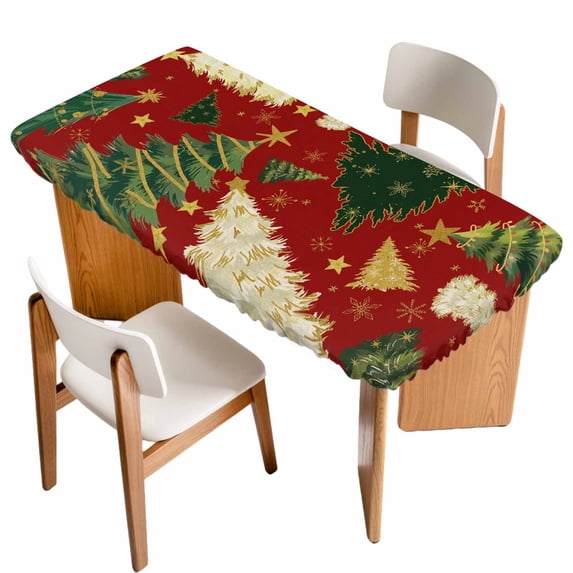 Christmas Tree Table Cloths for 5 Foot Rectangle Tables, Red Green Xmas Tree Winter Patio Waterproof Elastic Fitted Tablecloths, Washable Rectangular Table Cover for Camping