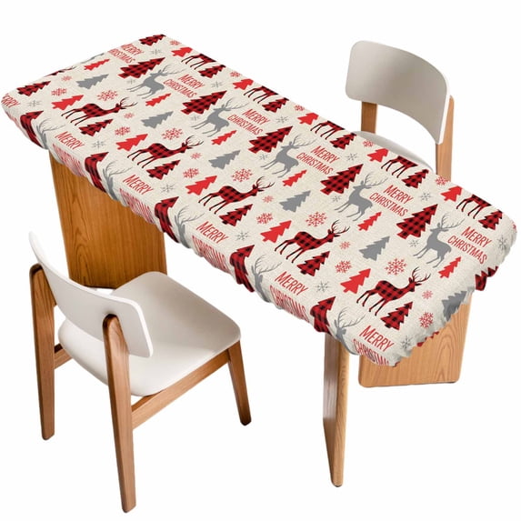 Christmas Tree Table Cloths for 8 Foot Rectangle Tables, Red Black Buffalo Plaid Xmas Elk Snowflake Patio Waterproof Elastic Fitted Tablecloths, Washable Rectangular Table Cover for Camping