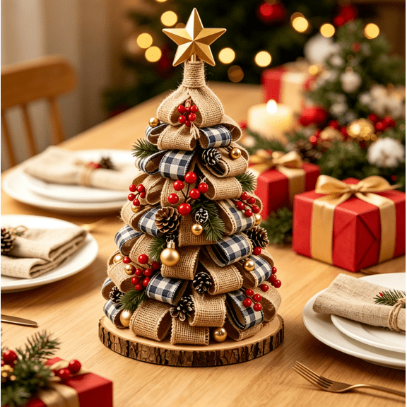 Christmas Tree Table Decoration, Handmade Burlap Linen Tabletop Christmas Tree, Christmas Table Decor, Christmas Decorations Indoor for Holiday Centerpiece