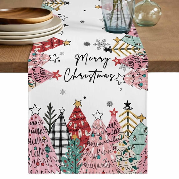 Christmas Tree Table Runner 108 Inches, Colorful Xmas Trees Snowflake Winter Bed Runner Dresser Scarves Tabletop for Indoor Outdoor Parties/Ceremony/Banquet, 13"x 108"