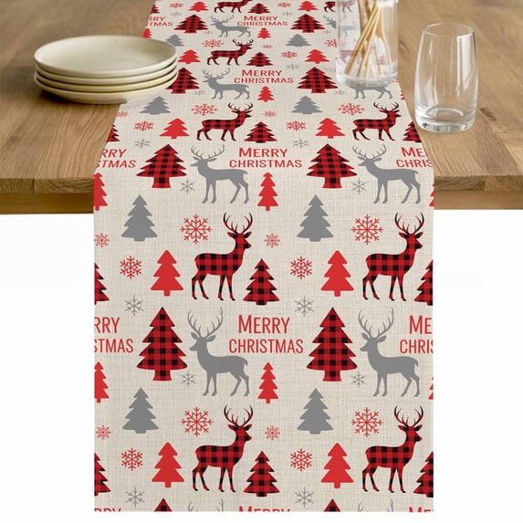 Christmas Tree Table Runner 120 Inches Long Farmhouse Dress Scarves, Red Black Buffalo Plaid Xmas Elk Snowflake Dining Tablerunner for Coffee Table/Kitchen Island/Party Décor, 13" x 120"