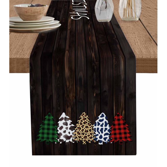 Christmas Tree Table Runner 36 Inches, Cow Leopard Print Plants Wooden Grain Bed Runner Dresser Scarves Tabletop for Indoor Outdoor Parties/Ceremony/Banquet, 13"x 36"