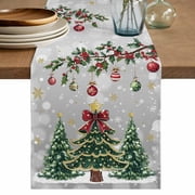 Christmas Tree Table Runner 36 Inches, Grey Retro Winter Ball Berry Snowflakes Bed Runner Dresser Scarves Tabletop for Indoor Outdoor Parties/Ceremony/Banquet, 13"x 36"