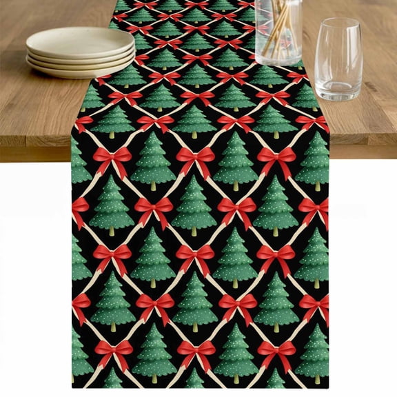 Christmas Tree Table Runner 36 Inches Long Farmhouse Dress Scarves, Xmas Pine Tree Red Bow Winter Geometric Black Dining Tablerunner for Coffee Table/Kitchen Island/Party Décor, Small 13" x 36"