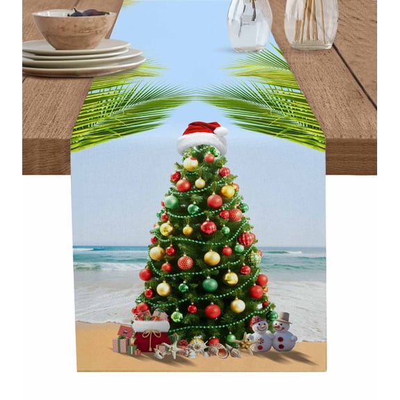 Christmas Tree Table Runner 36 Inches, Summer Beach Palm Leaves Snowman Conch Starfish Bed Runner Dresser Scarves Tabletop for Indoor Outdoor Parties/Ceremony/Banquet, 13"x 36"