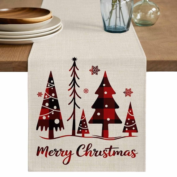 Christmas Tree Table Runner 36 Inches, Xmas Red Buffalo Plaid Snowflakes Vintage Bed Runner Dresser Scarves Tabletop for Indoor Outdoor Parties/Ceremony/Banquet, 13"x 36"