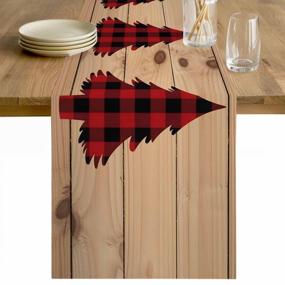 Christmas Tree Table Runner 48 Inches Long Farmhouse Dress Scarves, Red Black Buffalo Plaid Brown Rustic Wooden Dining Tablerunner for Coffee Table/Kitchen Island/Party Décor, 13" x 48"