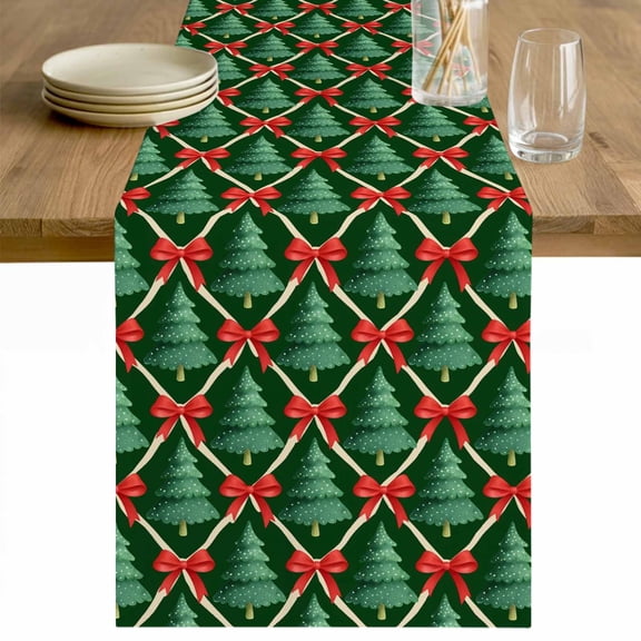 Christmas Tree Table Runner 48 Inches Long Farmhouse Dress Scarves, Xmas Pine Tree Red Bow Winter Geometric Green Dining Tablerunner for Coffee Table/Kitchen Island/Party Décor, 13" x 48"