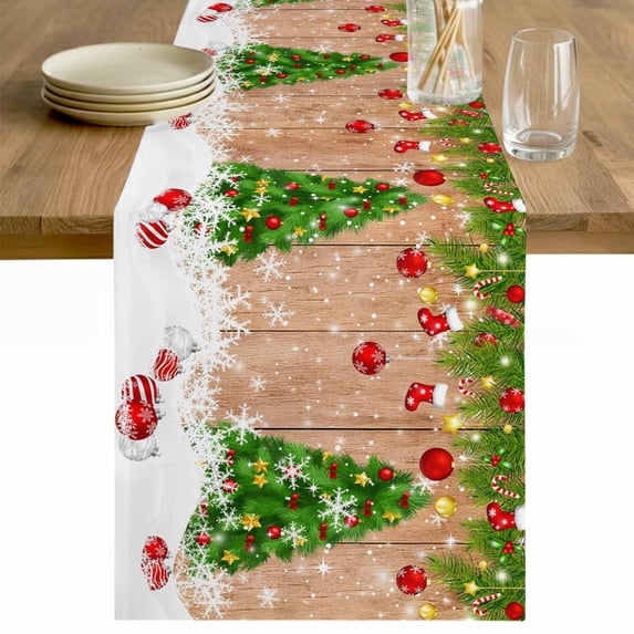 Christmas Tree Table Runner 48 Inches Long Farmhouse Dress Scarves, Xmas Red Balls Pine Branches Snowflakes New Year Dining Tablerunner for Coffee Table/Kitchen Island/Party Décor, 13" x 48"