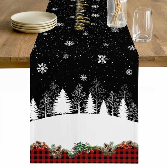Christmas Tree Table Runner 48 Inches Long Farmhouse Dress Scarves, Xmas Tree Snowflake Black Red Plaid Dining Tablerunner for Coffee Table/Kitchen Island/Party Décor, 13" x 48"