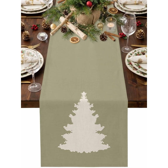 Christmas Tree Table Runner 48 Inches Long, Winter Country Sage Green Pine Tree Silhouette Cotton Linen Dining Table Runner Dresser Scarves for Home Kitchen Party Decor 13"x48"
