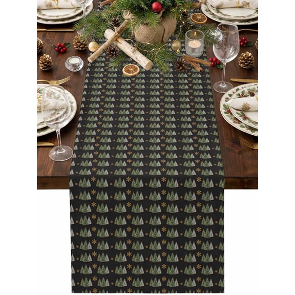 Christmas Tree Table Runner 48 Inches Long, Winter Rustic Pine Trees Forest Snow Black Backdop Cotton Linen Dining Table Runner Dresser Scarves for Home Kitchen Party Decor 13"x48"
