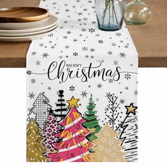 Christmas Tree Table Runner 48 Inches, Xmas Tree Snowflake Pink Green Black Bed Runner Dresser Scarves Tabletop for Indoor Outdoor Parties/Ceremony/Banquet, 13" x 48"