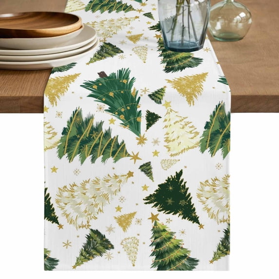 Christmas Tree Table Runner 60 Inches, White Green Xmas Tree Winter Bed Runner Dresser Scarves Tabletop for Indoor Outdoor Parties/Ceremony/Banquet, 13" x 60"
