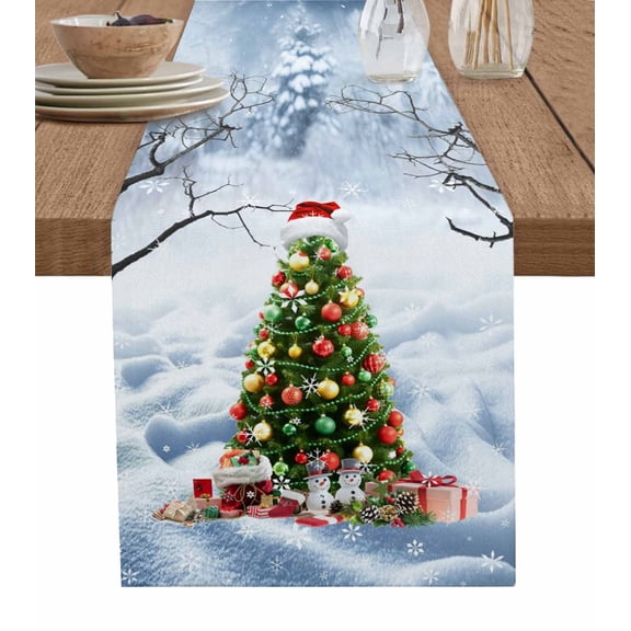 Christmas Tree Table Runner 60 Inches, Xmas Snowflake Tree Balls Showman Bed Runner Dresser Scarves Tabletop for Indoor Outdoor Parties/Ceremony/Banquet, 13" x 60"