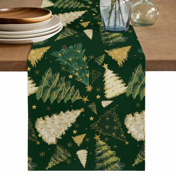 Christmas Tree Table Runner 70 Inches, Green Xmas Tree Winter Bed Runner Dresser Scarves Tabletop for Indoor Outdoor Parties/Ceremony/Banquet, 13" x 70"
